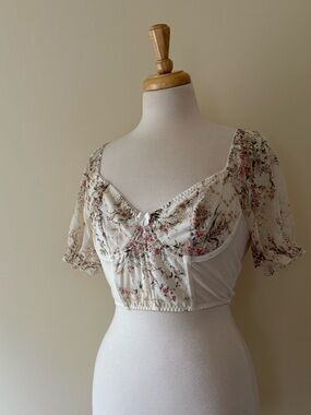 Coquette Floral Corset Crop Top | Cottagecore Puff Sleeve Bustier
